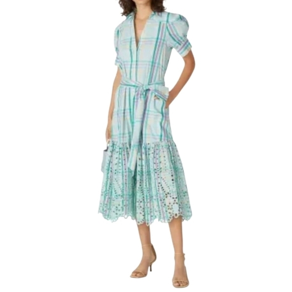 TANYA TAYLOR PASTEL PLAID BUTTON FRONT EYELET HEM FERN DRESS WOMEN'S SIZE 0 - Picture 1 of 16